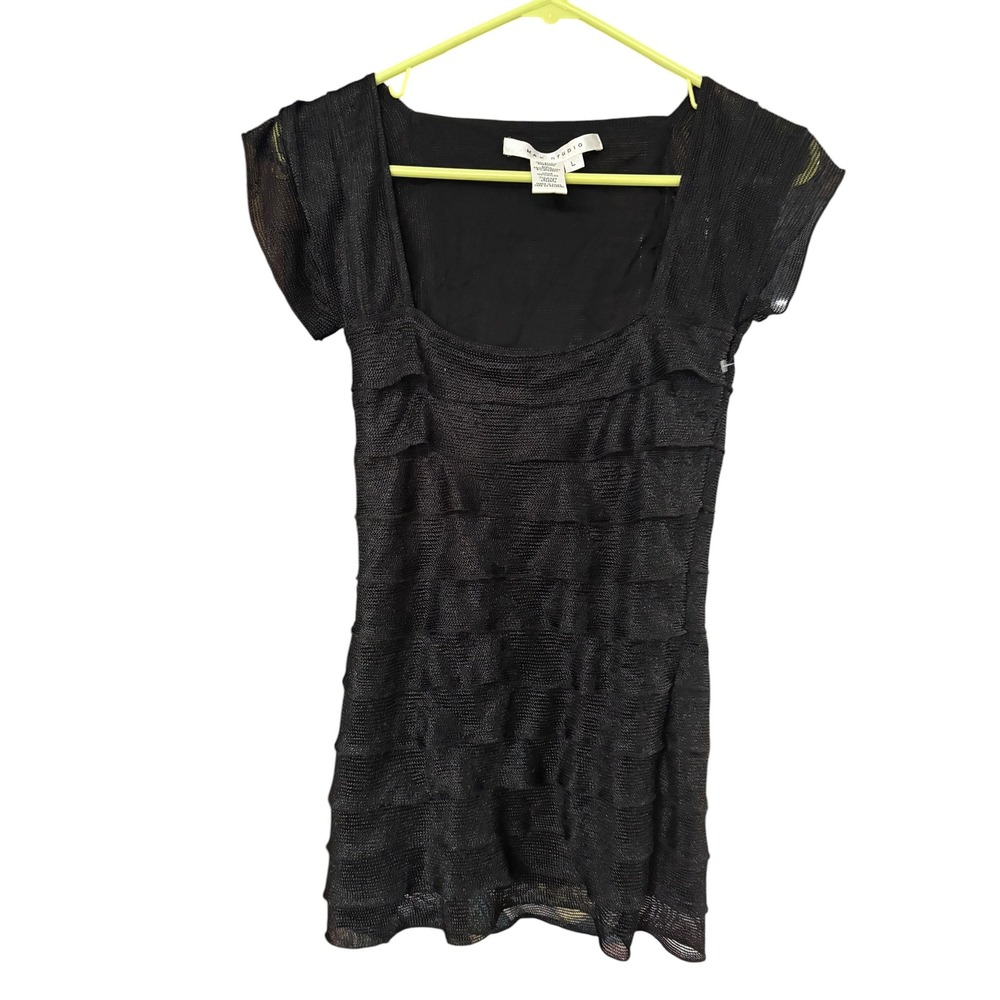 Max Studio Women Black Tiered Ruffle Cap Sleeve Square Neck Blouse Top A708G73 L
